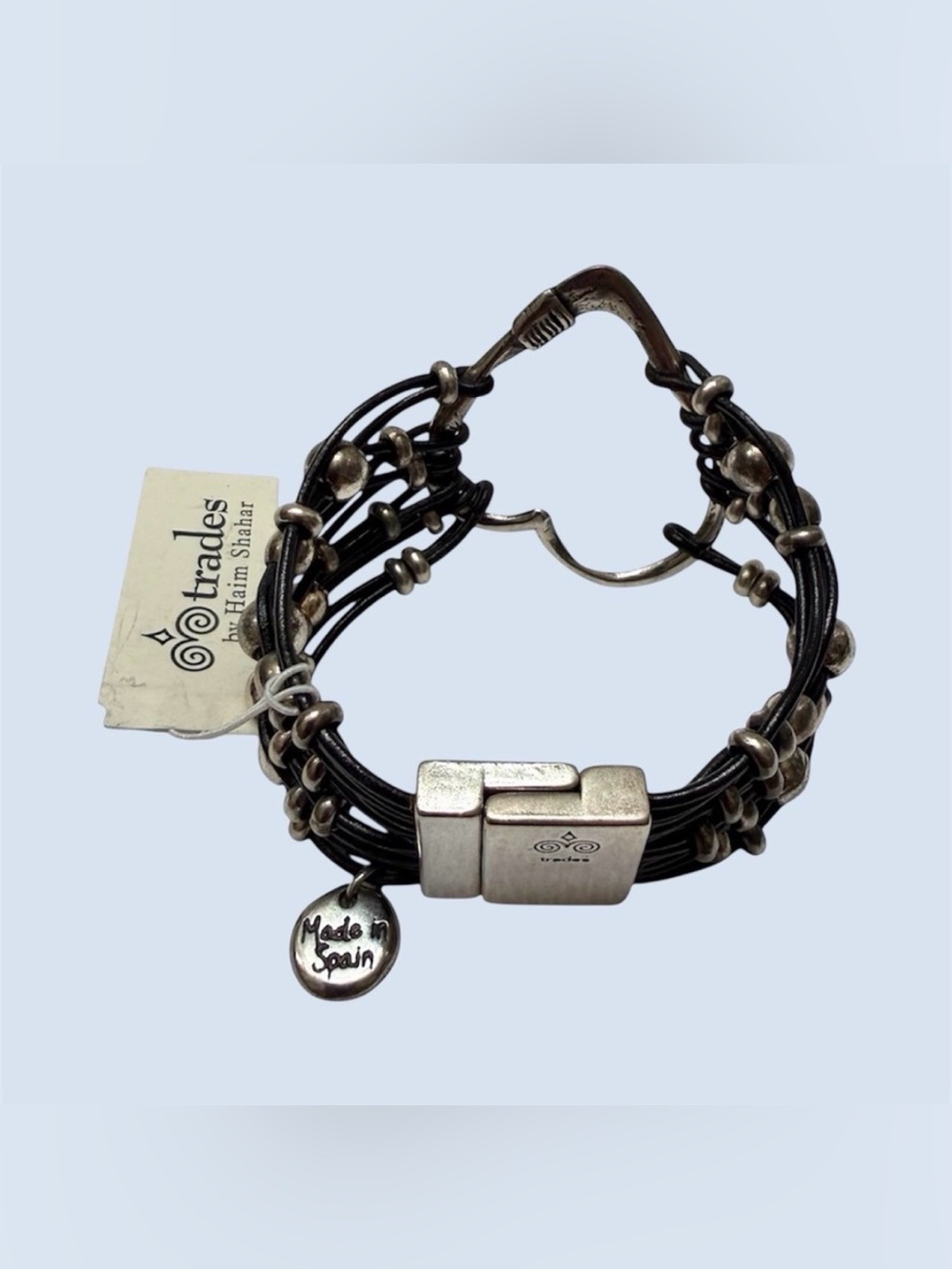 Trades by Haim Shahar Handmade Silver Heart Strappy Spanish Leather Bracelet - Picture 4 of 5